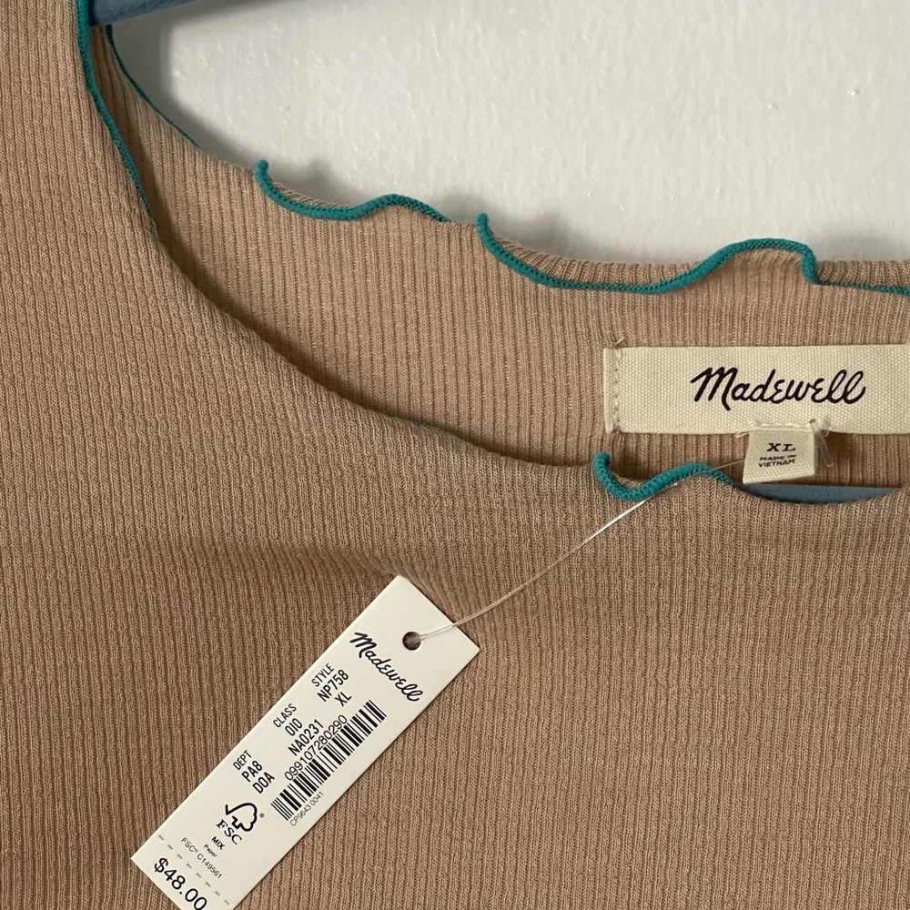 Madewell Cropped Beige Ribbed Top with Teal Edging